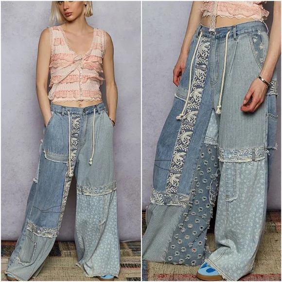 POL Light Wash Floral Print Stretchy Waist Wide leg Denim Jeans - Picture 1 of 7